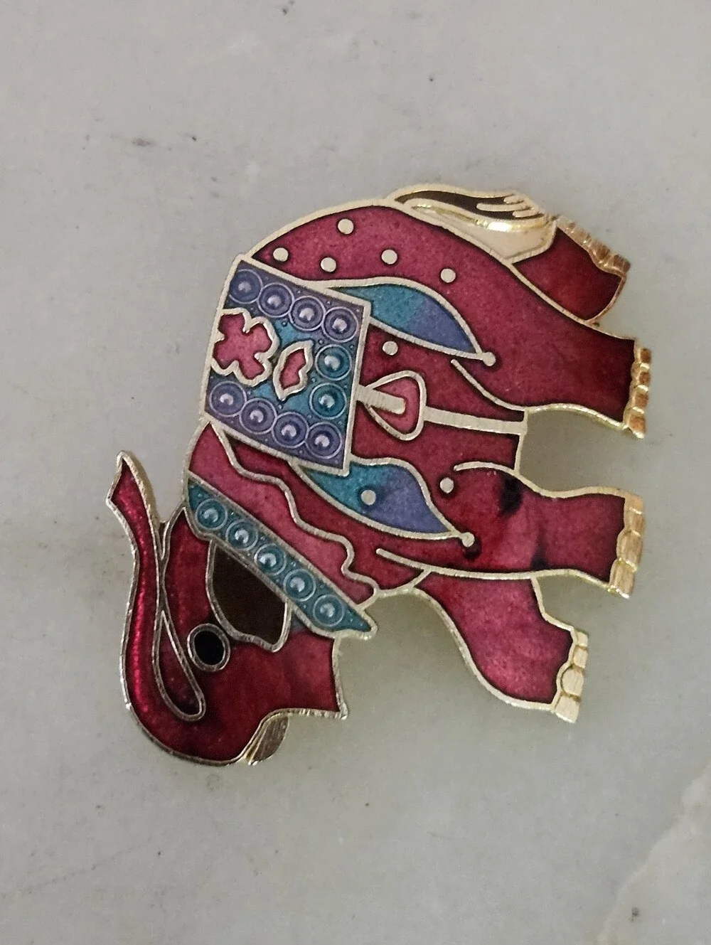 Red Enamel Elephant Brooch with Blue Accents